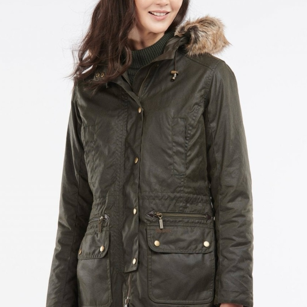 Olive Green Women's Jacket with Faux Fur Hood